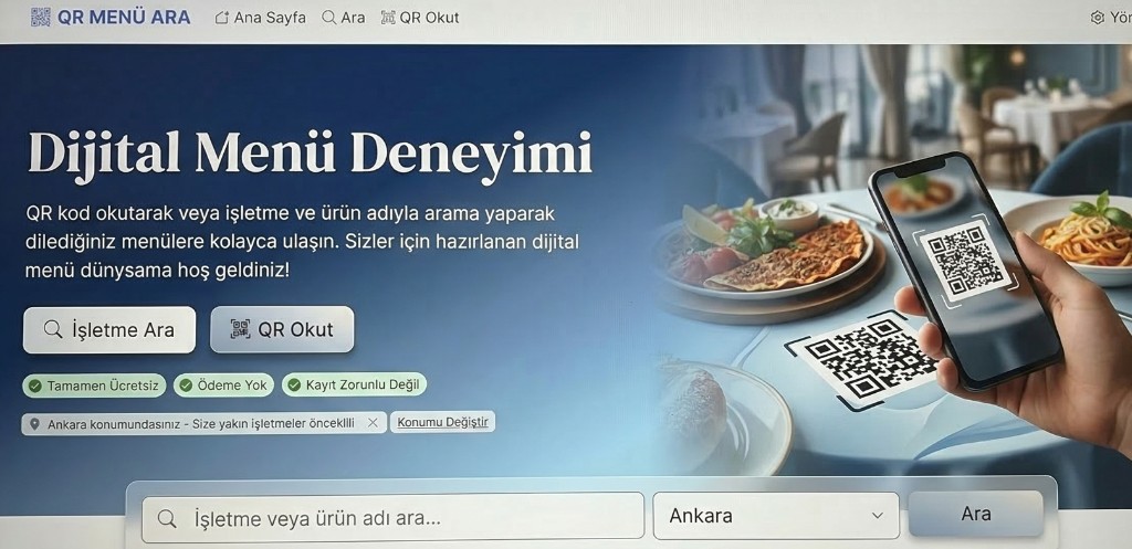 Masada QR kod okutan telefon — lahmacun ve makarna